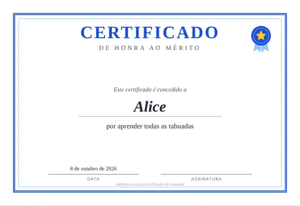 Exemplo de folha: Certificado de tabuada