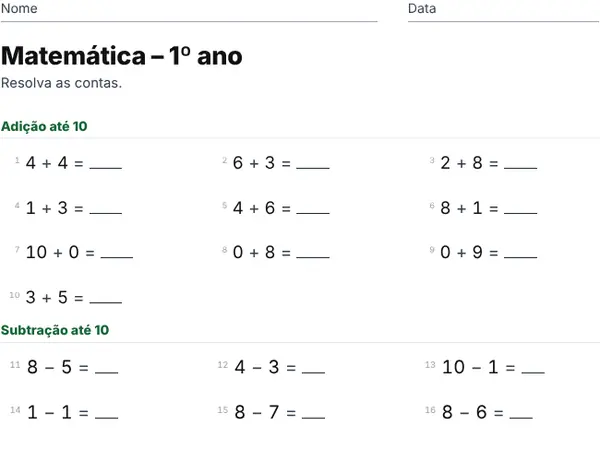 Exemplo de folha: 1º ano