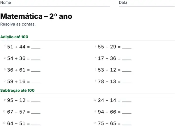 Exemplo de folha: 2º ano