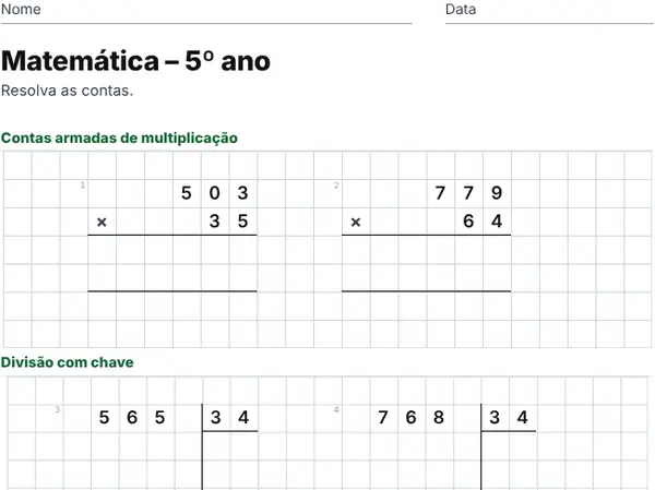Exemplo de folha: 5º ano