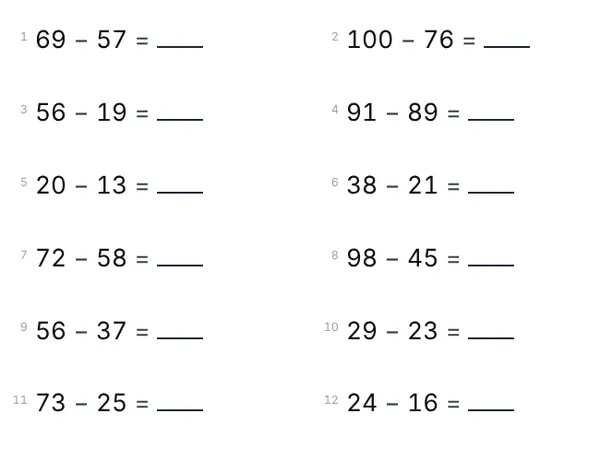 Beispielblatt: Minusaufgaben bis 100