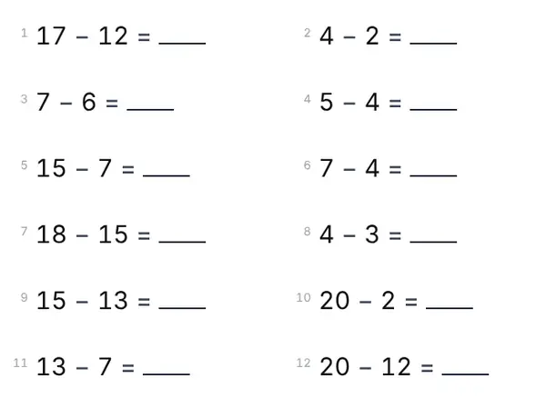 Exemple : Soustractions jusqu’à 20
