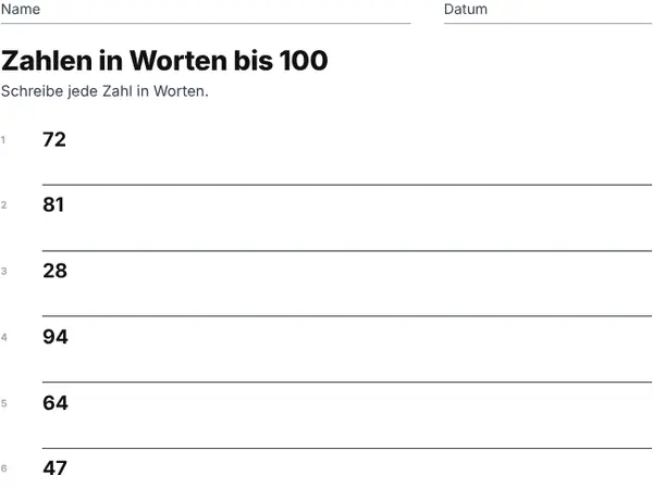 Beispielblatt: Zahlen in Worten